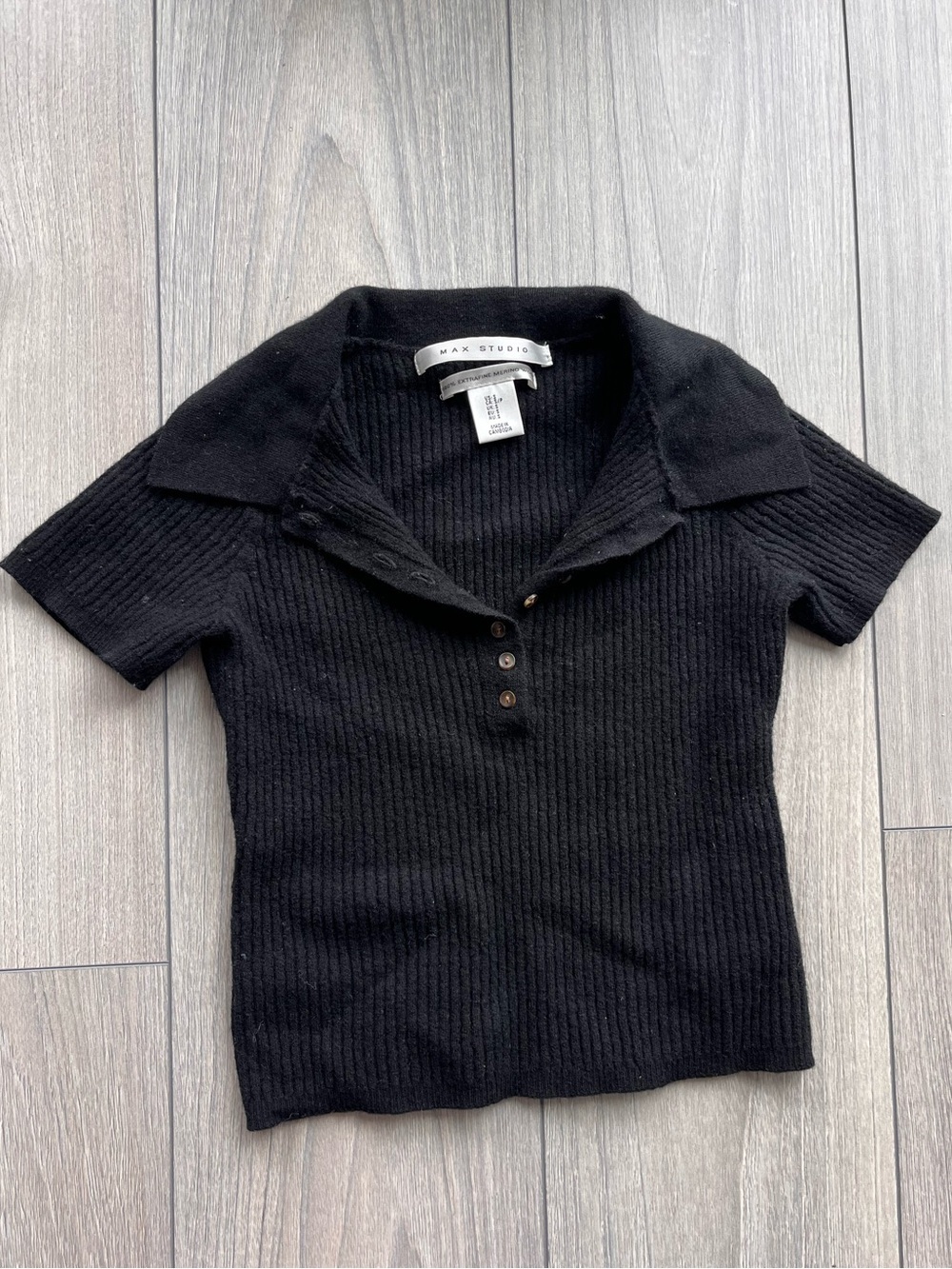 Merino Wool Black Ribbed Short-Sleeve Polo Top